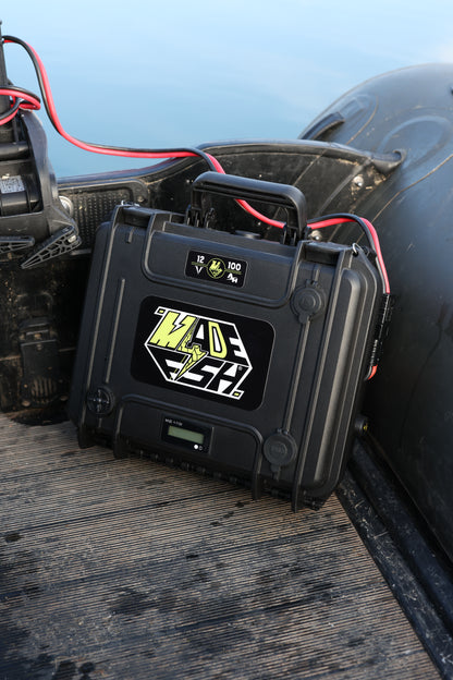 Batterie LiFePO4 12,8 V compacte dans un coffre, écran et câbles rouges/bleus
