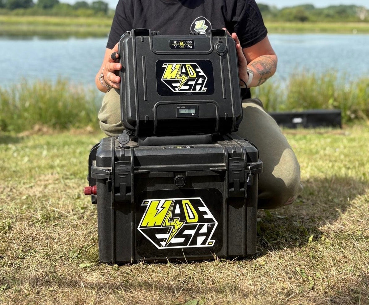 Batterie LiFePO4 12,8 V transportée avec poignée, double boîtier et logo