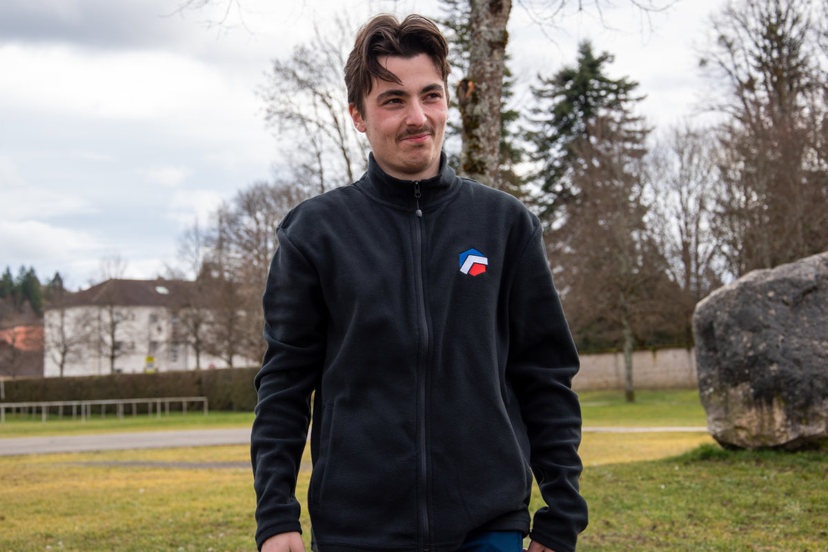 Veste polaire zippée sombre, logo Hexagone Tackle poitrine