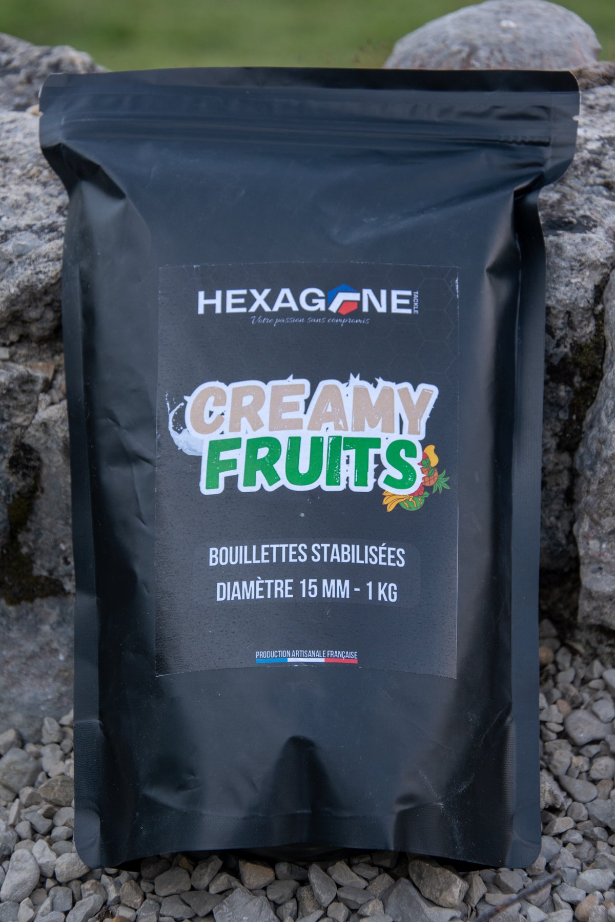 Sac de bouillettes HEXAGONE «Creamy Fruits», «Bouillettes stabilisées» visibles.