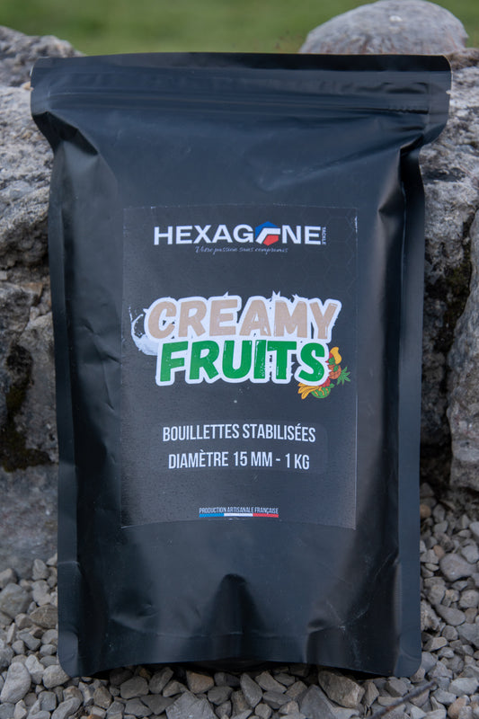 Sac de bouillettes HEXAGONE «Creamy Fruits», «Bouillettes stabilisées» visibles.
