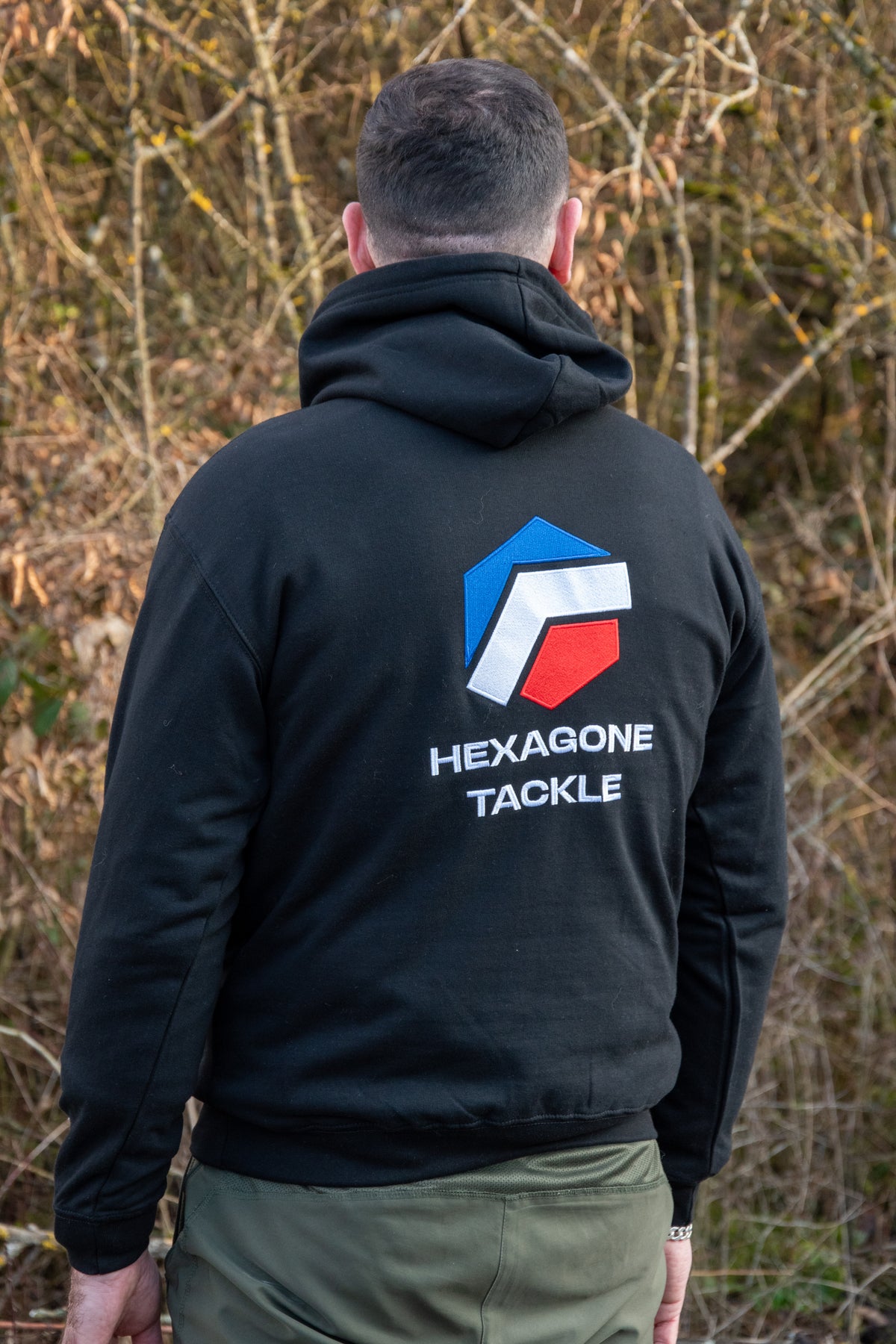 Sweat à capuche noir, grand logo Hexagone Tackle dans le dos