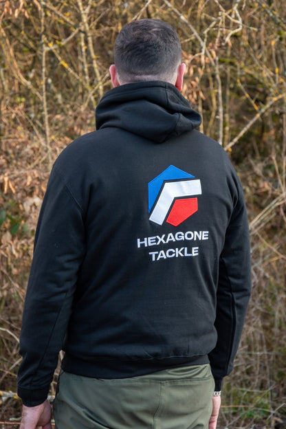 Sweat à capuche noir, grand logo Hexagone Tackle dans le dos