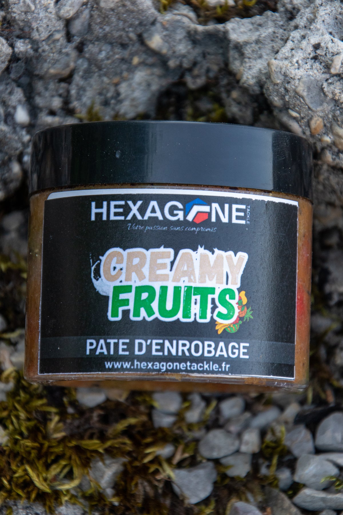Pot HEXAGONE «CREAMY FRUITS» de pâte d’enrobage, étiquette bleu et vert.