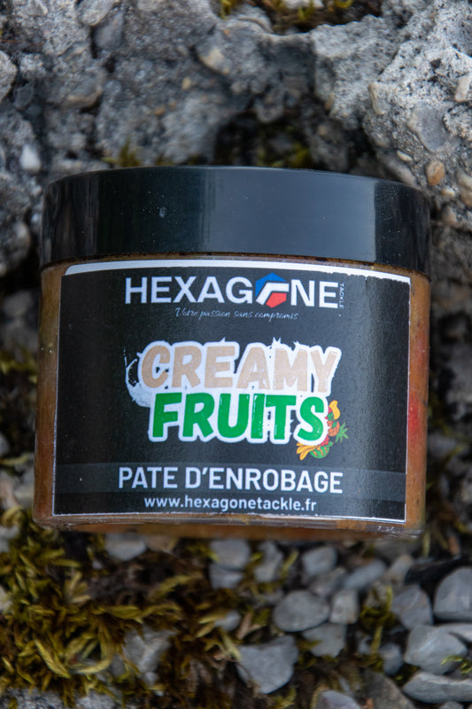 Pot HEXAGONE «CREAMY FRUITS» de pâte d’enrobage, étiquette bleu et vert.