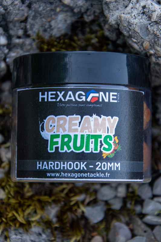 Bocal de pêche Hexagoné «CREAMY FRUITS» noir, étiquette bleue et verte