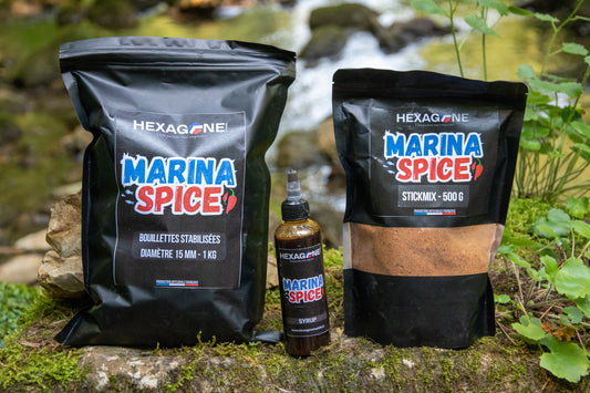 Pack découverte Marina Spice : bouillettes et flacon HEXAGONE en sachets noirs