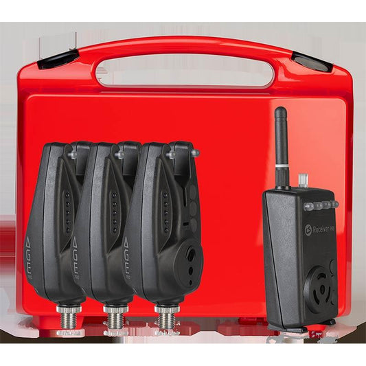 Coffret détecteurs Carpesounder avec boîtier rouge et 3+1 détecteurs noirs