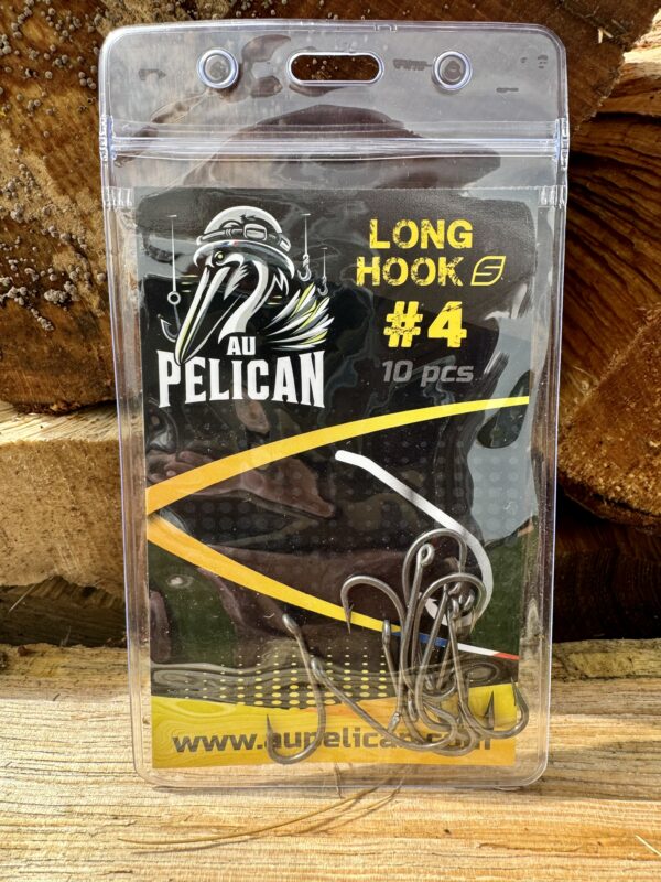 Lot d’hameçons Long Hook Au Pelican #4, sachet transparent avec 10 pièces