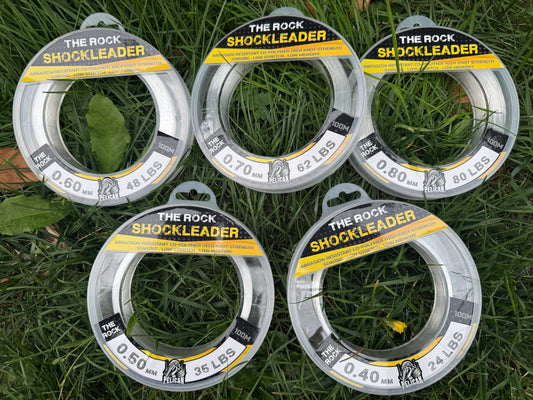 Bas de ligne Shockleader THE ROCK 100 m, bobines de fil transparent, étiquette jaune